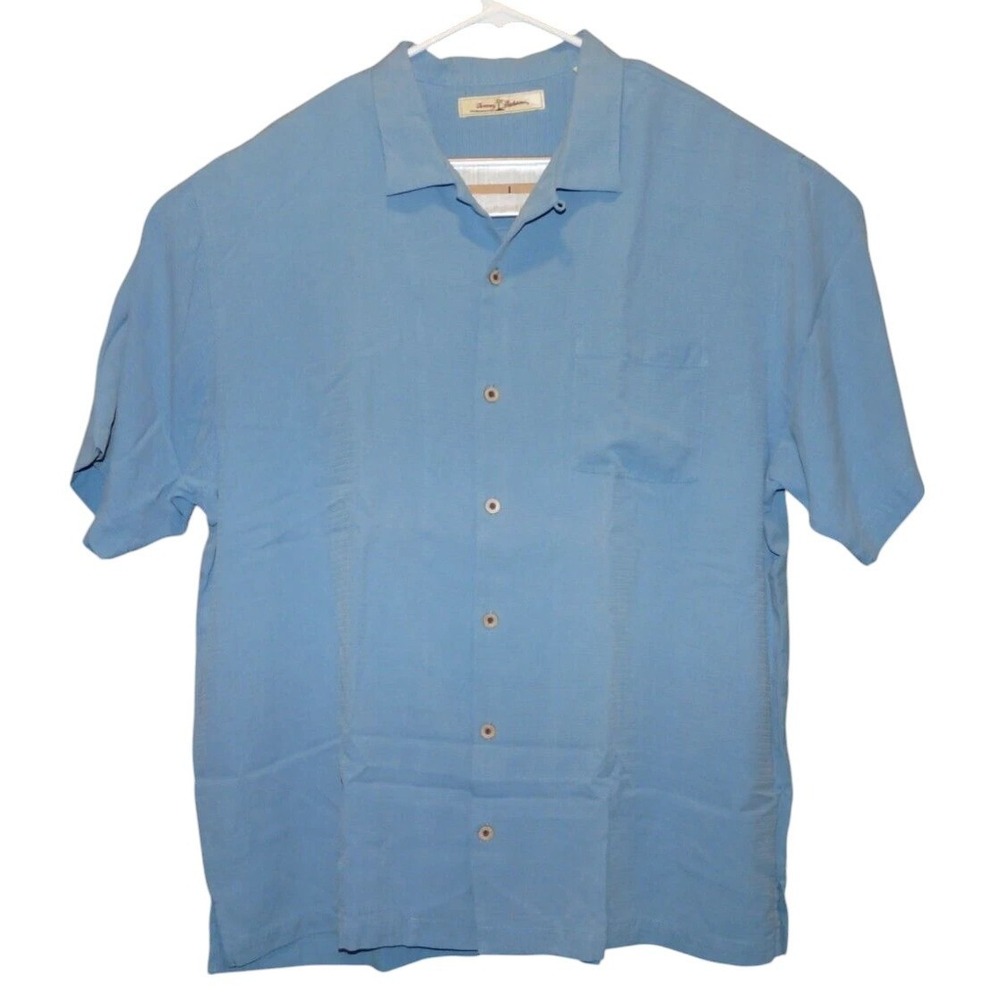 Tommy Bahama Shirt Mens XL Silk Button Front‎ Blue on Blue Striped Short Sleeve